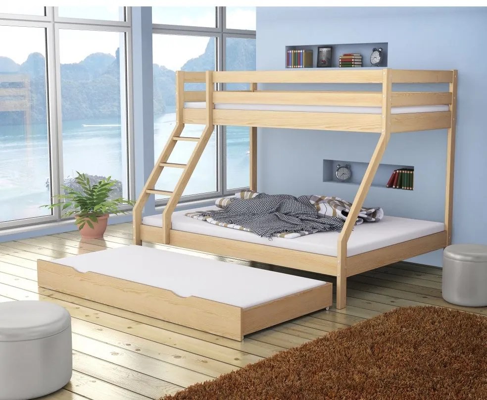 Detská poschodová posteľ z masívu s rozšíreným spodným lôžkom DENIS - 200x90/140 cm - prírodná