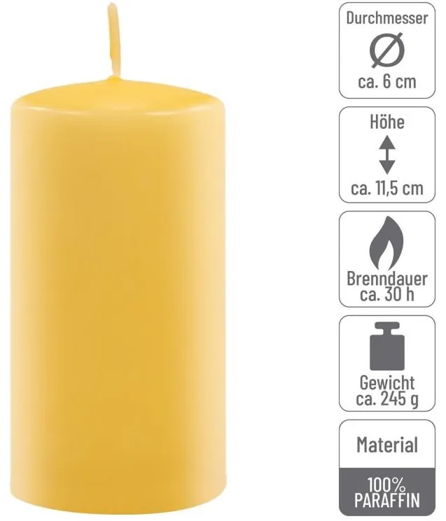 Sada stĺpových sviečok, 11,5 cm, Ø 6 cm, žltá, 12 ks