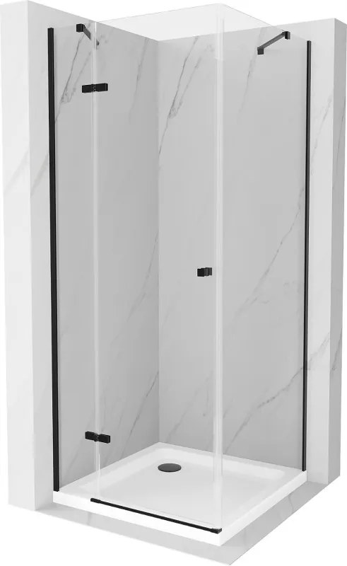 Mexen Roma, sprchovací kút s 1-krídlovými dverami 90 (dvere) x 90 (stena) cm, 6mm číre sklo, čierny profil, slim sprchová vanička 5cm biela s čiernym sifónom, 854-090-090-70-00-4010B