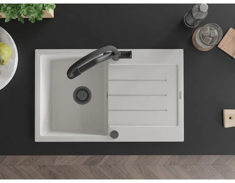 Mexen Bruno, 1-komorový granitový drez 795x495x200 mm a drezová batéria Duo, biela, 6513-20-671701-70-B