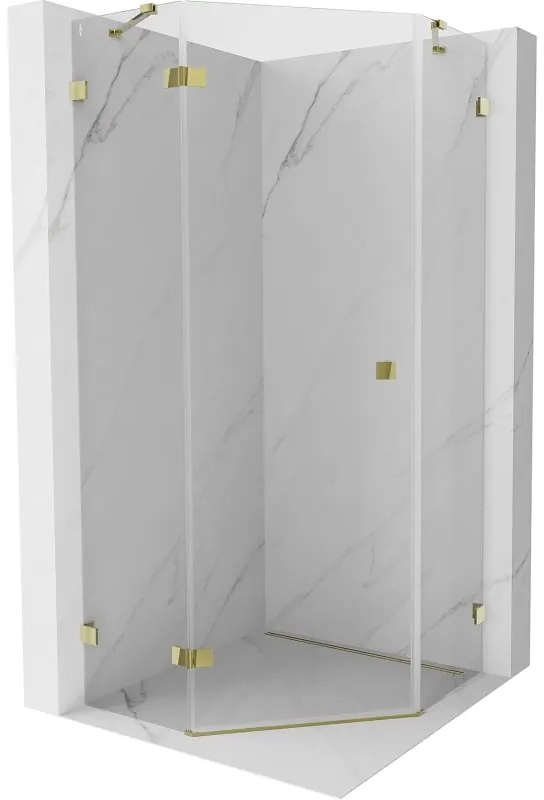 Mexen Lunar, päťuholníkový sprchový kút s ľavým sklonom 90 x 90 cm, 8mm číre sklo, zlatý profil, 831-090L-090P-50-00-L