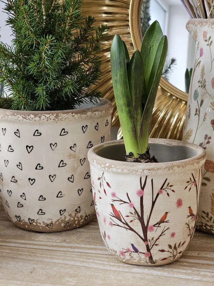 Béžový keramický obal na kvetináč s kvetmi a vtáčikmi Birdie XS - Ø 11*10 cm