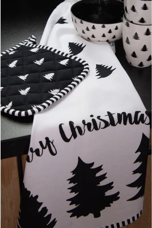 Biely bavlnený behúň na stôl so stromčekmi Black&White X-Mas - 50*160 cm