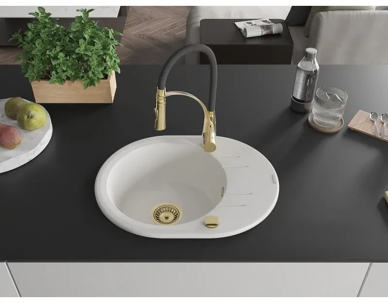 Mexen Kevin, 1-komorový granitový drez 586x458x190 mm a drezová batéria Aster, biela, 6517-20-73450-57-G
