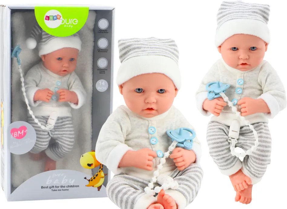 LEAN Toys Bábika Bobas v bielo-sivom pruhovanom oblečení, s čiapočkou, cumlíkom a dekou