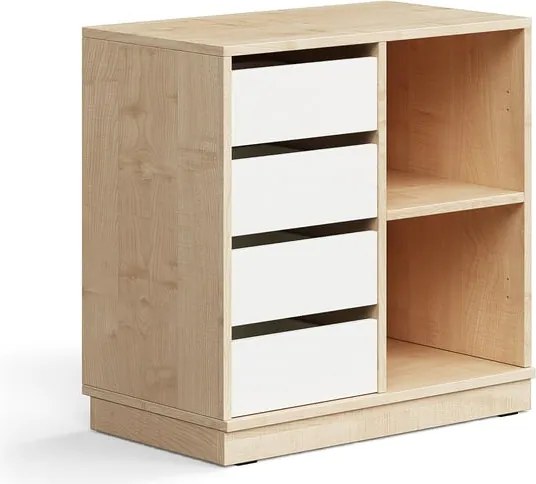 Úložná skrinka CASPER, 4 zásuvky, 2 priehradky, so soklom, breza/biela