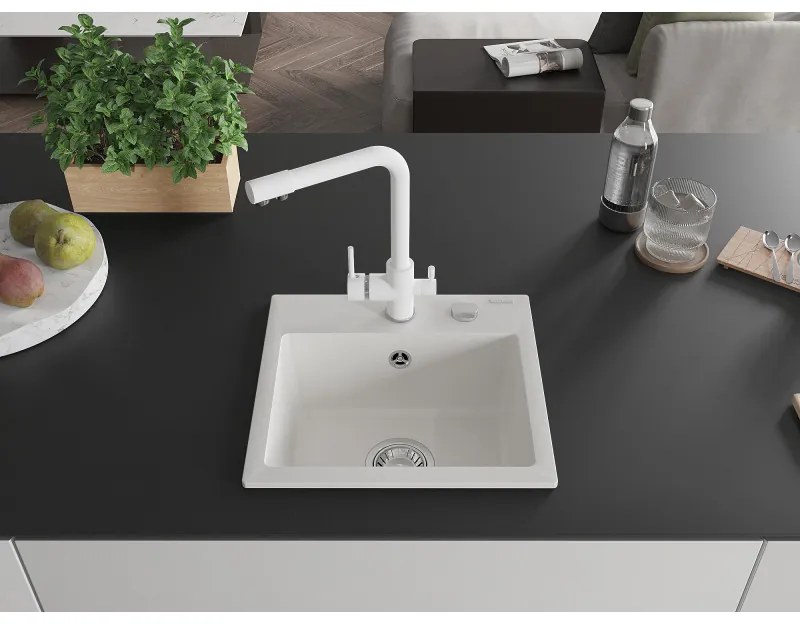Mexen Milo, granitový drez 435x410x171 mm, 1-komorový a biela batéria Duero, biela, 6505-20-671600-20
