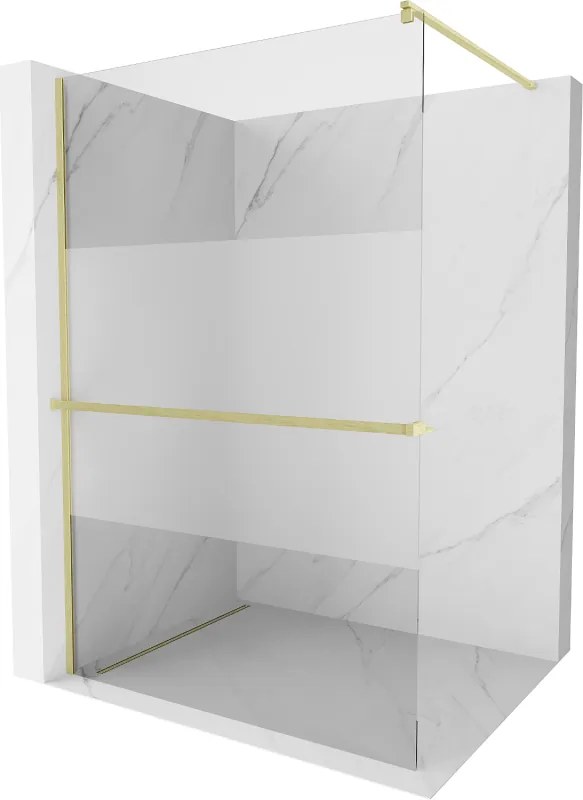 Mexen Kioto+, sprchová zástena Walk-In s poličkou a vešiakom 100 x 200 cm, 8mm číre sklo-námraza, zlatý matný profil, 800-100-121-55-35