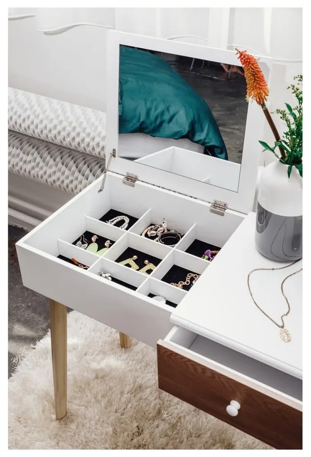 Biely toaletný stolík so zrkadlom, šperkovnicou a stoličkou Bonami Essentials Beauty