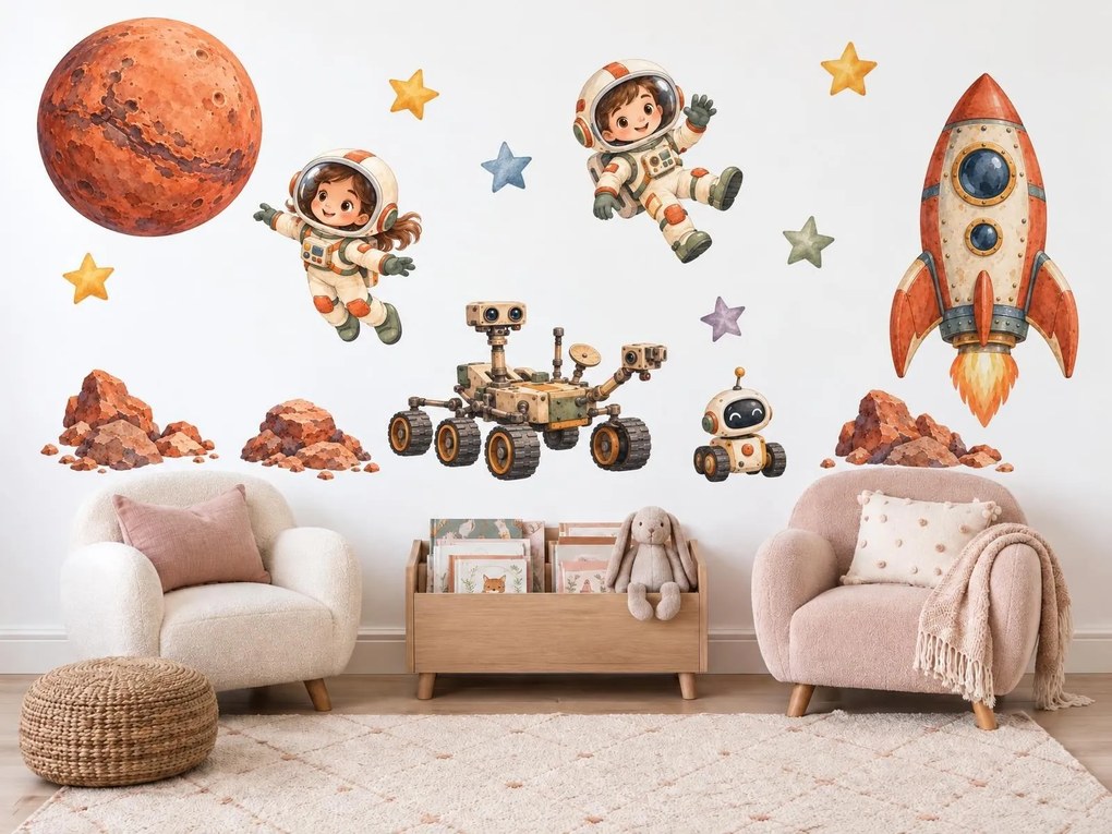 Misia na červenú planétu akvarelové nálepky na stenu pre malých astronautov arch 46 x 34 cm