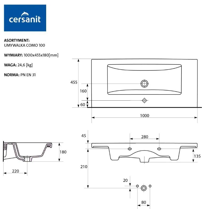 Cersanit COMO - skrinkové umývadlo 100cm, K32-016-EX1