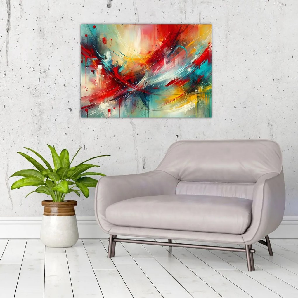 Sklenený obraz – Abstrakcia s červenou (70x50 cm)