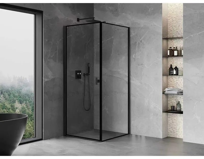 Mexen Mist-B, 1-krídlový výklopný sprchový kút ľavý 80 x 80 cm, číre sklo-čierny rám, 8A2T-080-080-70-70-L