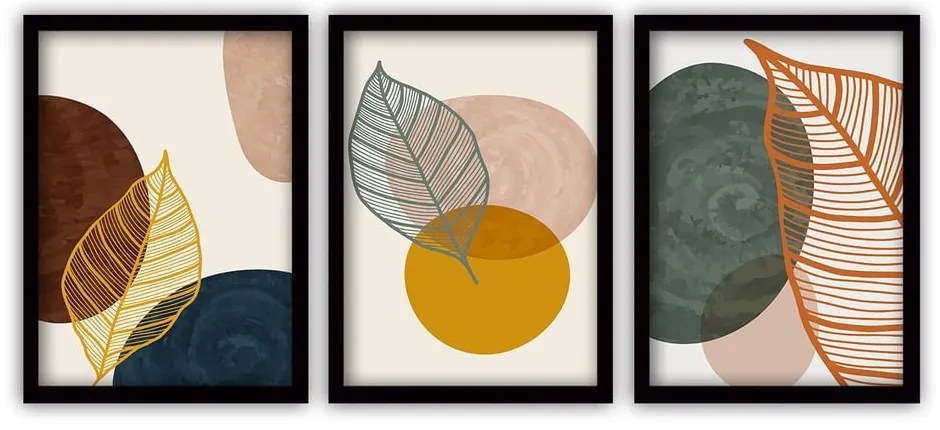 Súprava 3 obrazov v čiernom ráme Vavien Artwork Leaves III., 35 x 45 cm