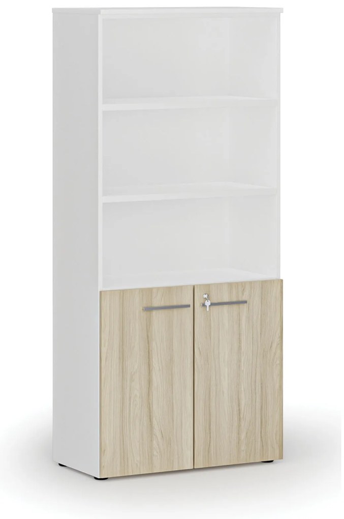 Kombinovaná kancelárska skriňa PRIMO WHITE, dvere na 2 poschodia, 800 x 420 x 1781 mm, biela/dub prírodná