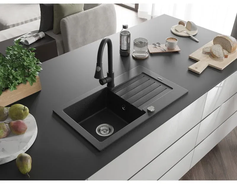 Mexen Pablo, 1-komorový granitový drez 752x436x161 mm a drezová batéria Elia, čierna-strieborná metalíza, 6510-73-670101-70