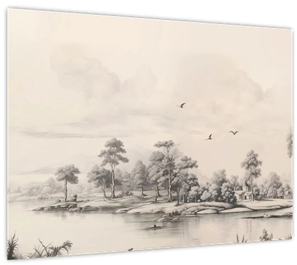 Sklenený obraz - Vintage kresba krajiny (70x50 cm)