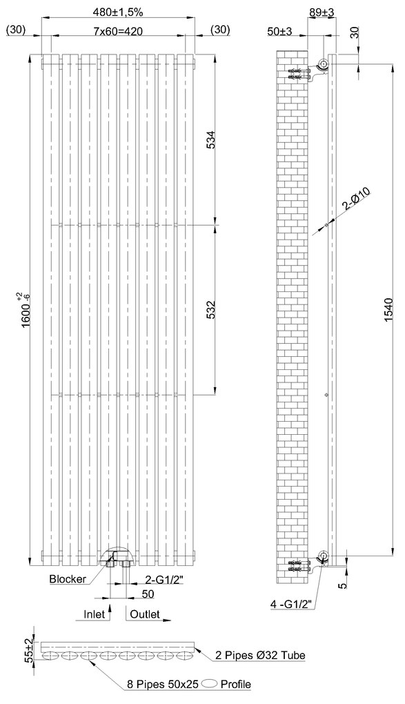 Invena Mono, vykurovacie teleso 1600x480, 672W, biela, INV-UG-10-B16-A