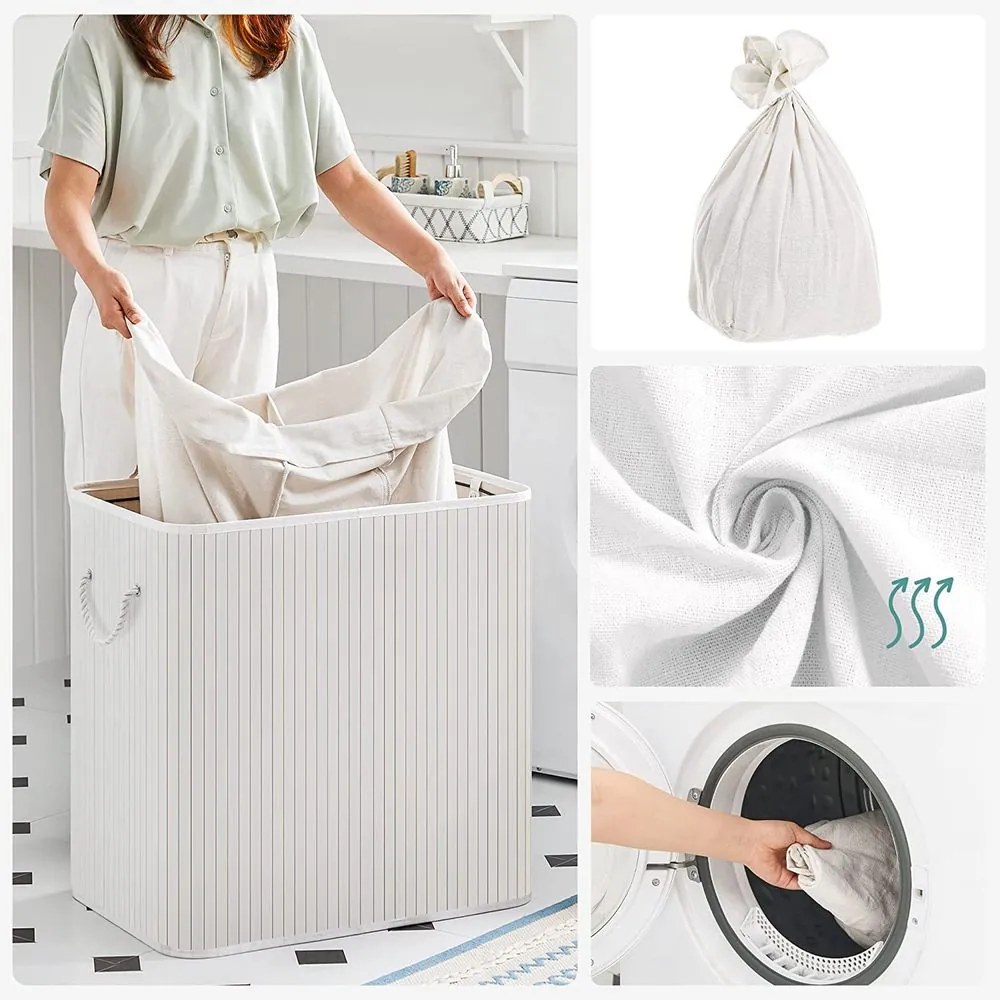 SongmicsHome Bambusový kôš na bielizeň GITA, 150 l, biela