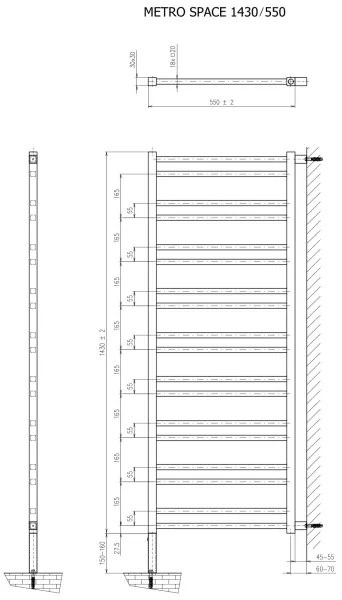 Sapho - Kúpeľňový radiátor METRO SPACE 525W/230V 55x143 cm matná čierna