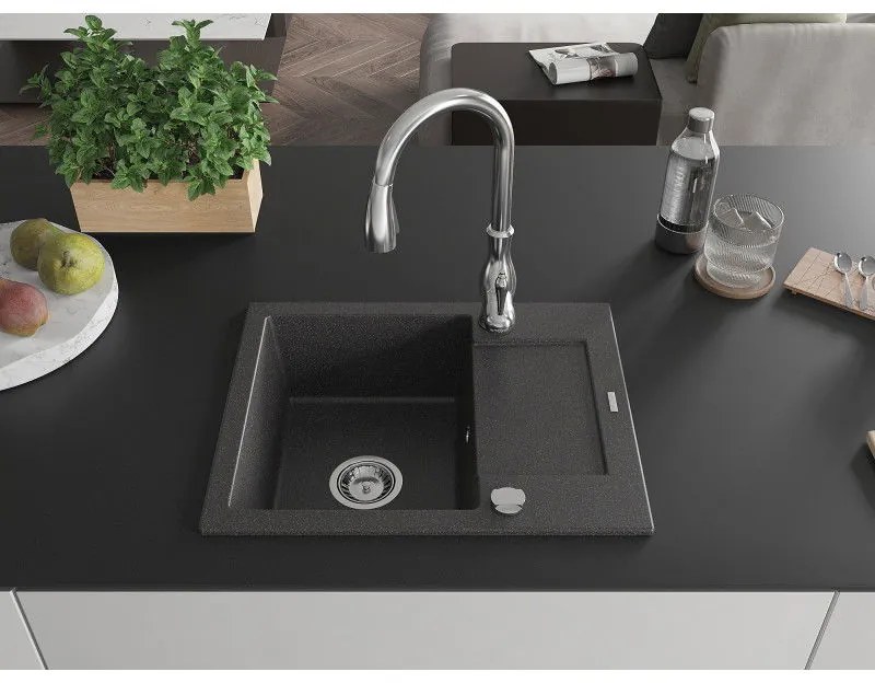 Mexen Enzo, 1-komorový granitový drez 576x465x174 mm a drezová batéria Savita, čierna škvrtnitá, 6506-76-672601-00