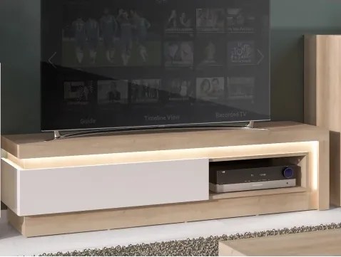 TV skrinka Lyon, dub riviera/biely lesk, s osvetlením%