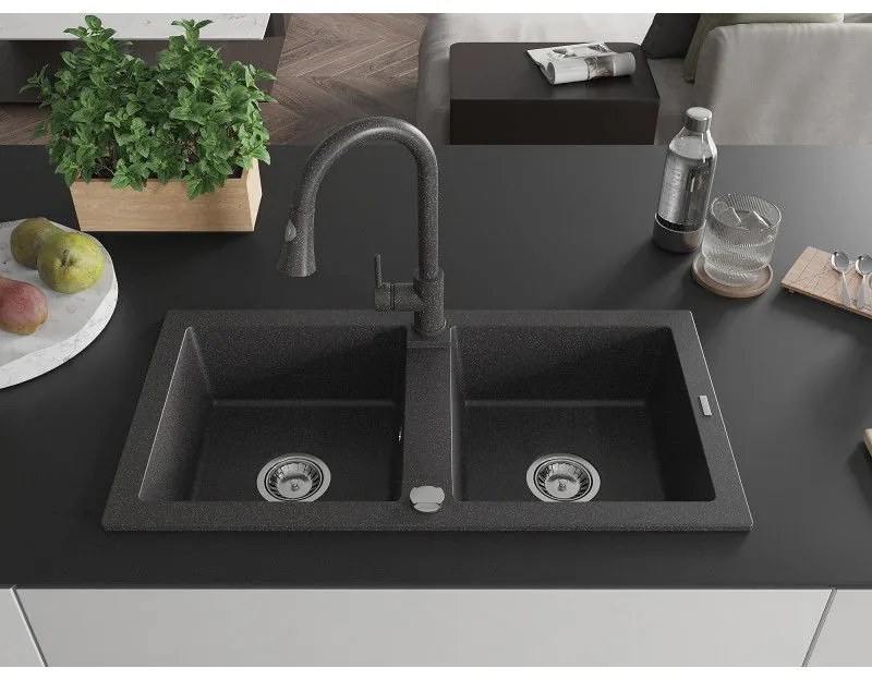 Mexen Mario, 2-komorový granitový drez 820x436x161 mm a drezová batéria Elia, čierna škvrnitá, 6504-76-670101-76
