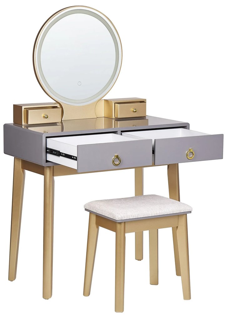 Toaletný stolík so 4 zásuvkami a LED zrkadlom sivá/zlatá FEDRY Beliani