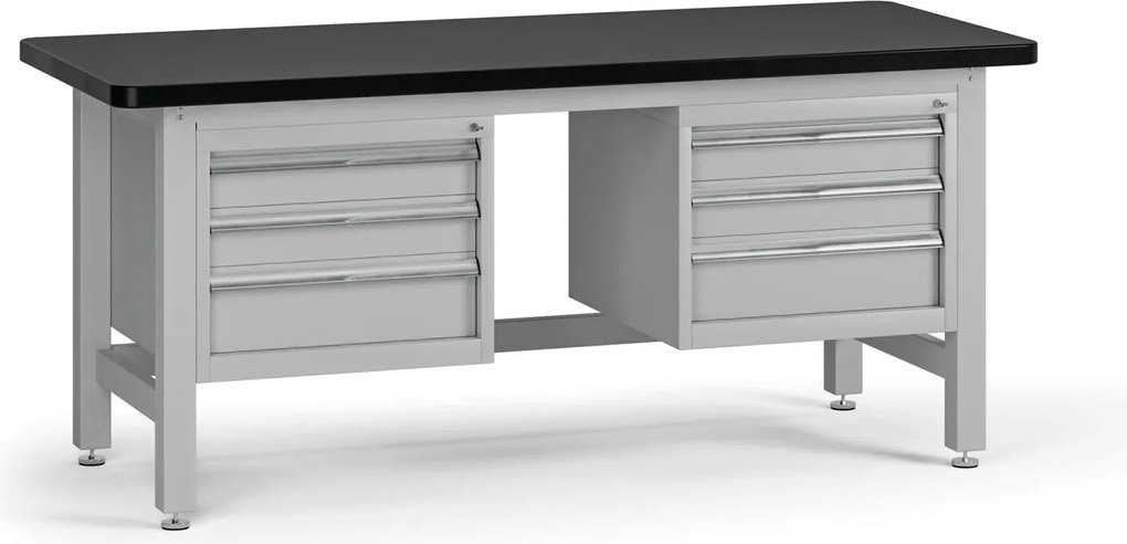 Pracovný stôl do dielne G4 s 2 závesnými boxami na náradie, MDF + PVC doska, 6 zásuviek, 1800 x 750 x 800 mm, sivá