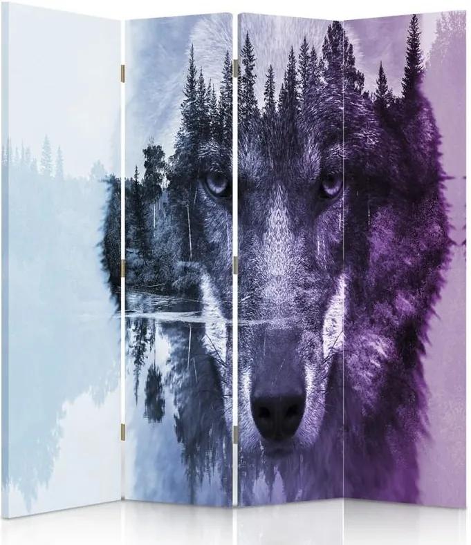 CARO Paraván - Wolf On The Background Of The Forest - Purple | štvordielny | obojstranný 145x180 cm