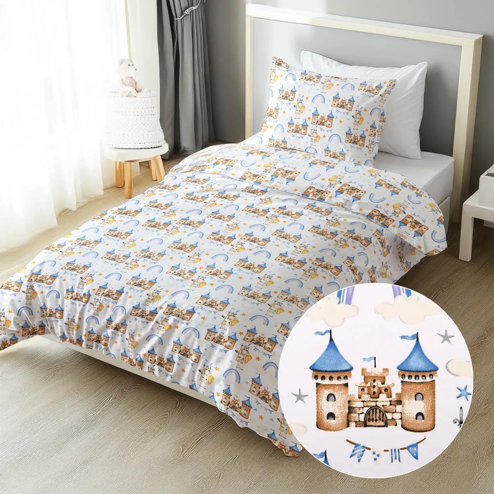 Biante Detské bavlnené posteľné obliečky Sandra SA-666 Modro-hnedé hrady a rytieri na bielom Predĺžené 140x220 a 70x90 cm
