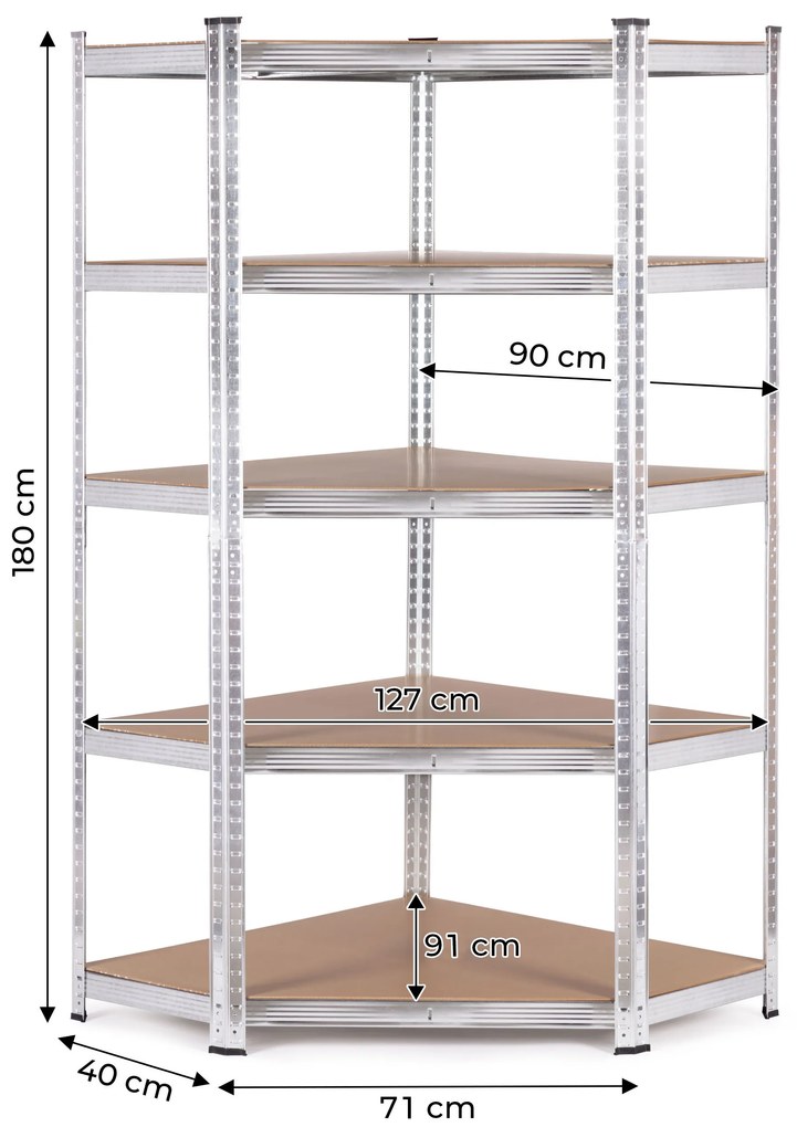 ModernHome Rohový úložný regál 180x90x40 cm - 5 políc, pozinkovaná oceľ, 875 kg ModernHome