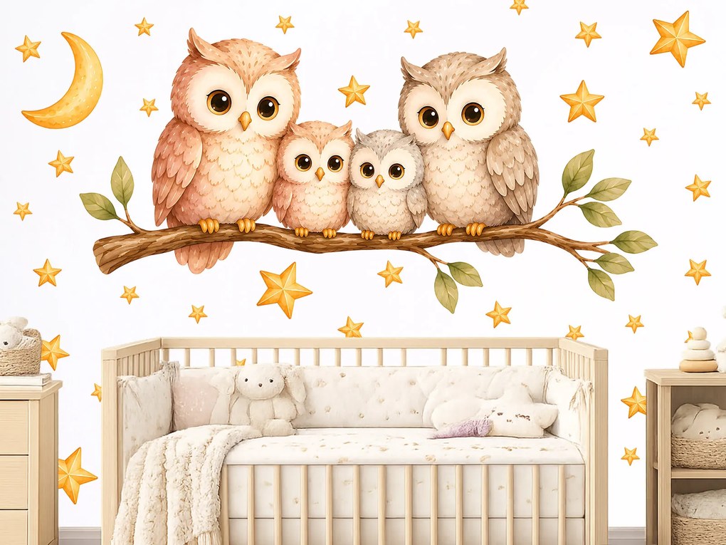 Akvarelové sovy na konári nálepky na stenu pre deti hárok 75 x 36 cm