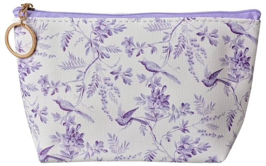 Biela toaletná taštička s fialkovými kvetmi a vtáčikmi Flowers - 21*5*13 cm
