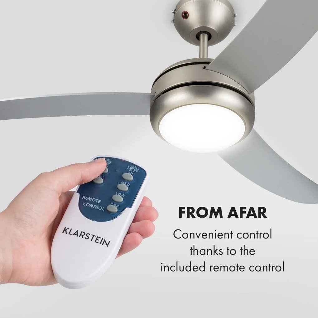 Klarstein El Paso, stropný ventilátor, 52", závit E27, 3 lopatky, strieborný vzhľad
