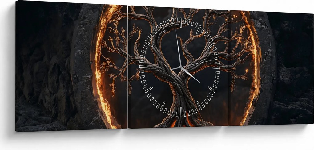 Obraz – Strom života v láve I. (s hodinami) (90x30 cm)
