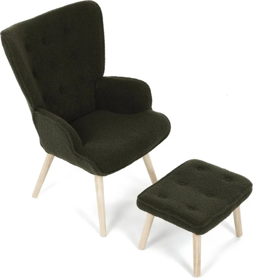 Relaxačné kreslo ušiak ROMEO II + taburet — masívne drevo, látka bouclé, prírodná / zelená