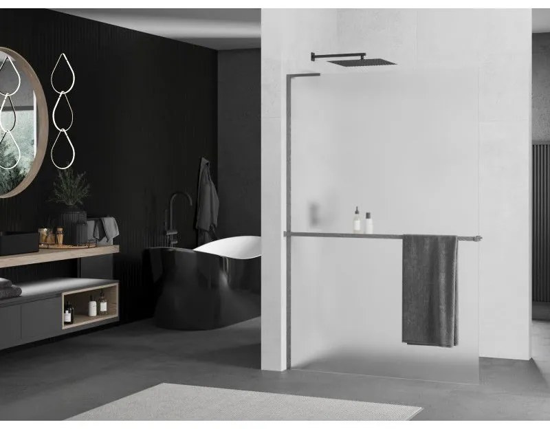 Mexen Kioto+ L, sprchová zástena Walk-In s poličkou a vešiakom 120 x 200 cm, 8mm sklo námraza, grafitový profil, 800-120-123-66-30