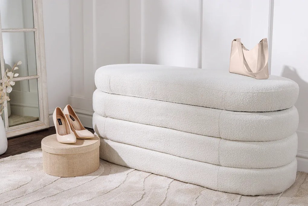 Dizajnová lavica s úložným priestorom CREAMY BOUCLÉ 115 cm – elegantný odkladací box
