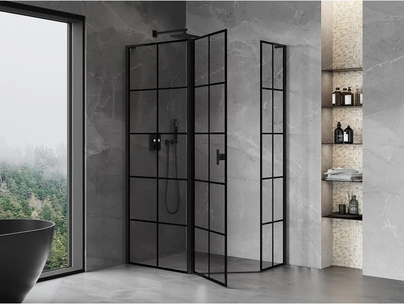Mexen Mist L, päťuholníkový sprchový kút s krídlovými dverami, 100 x 80 cm, 8mm číre sklo, čierny profil, 8A8L-100-080-70-77-L