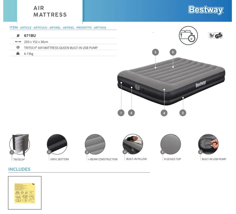 Nafukovací matrac Bestway Tritech so vstavanou USB pumpou 152x203cm 671BU