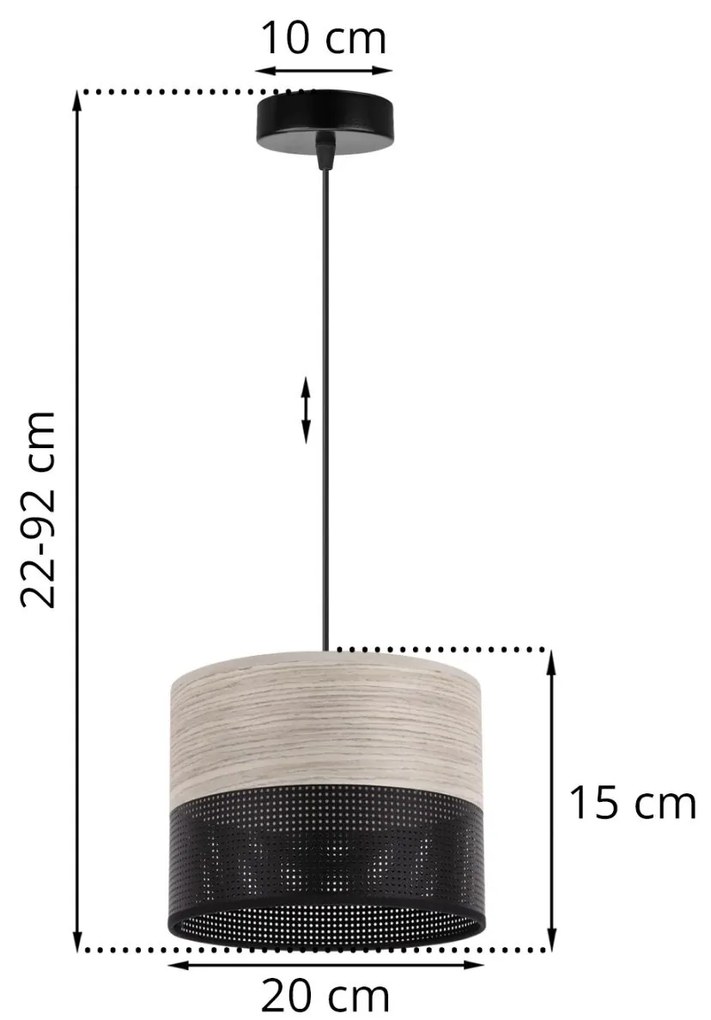 Závesné svietidlo Wood, 1x svetlobéžová dubová dýha/čierne PVC tienidlo, (fi 20cm)