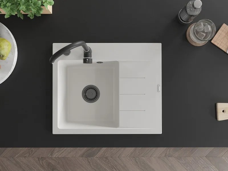 Mexen Ben, 1-komorový granitový drez 600x500x190 mm, ľavý + čierny sifón, biela, 6522605000-20-B