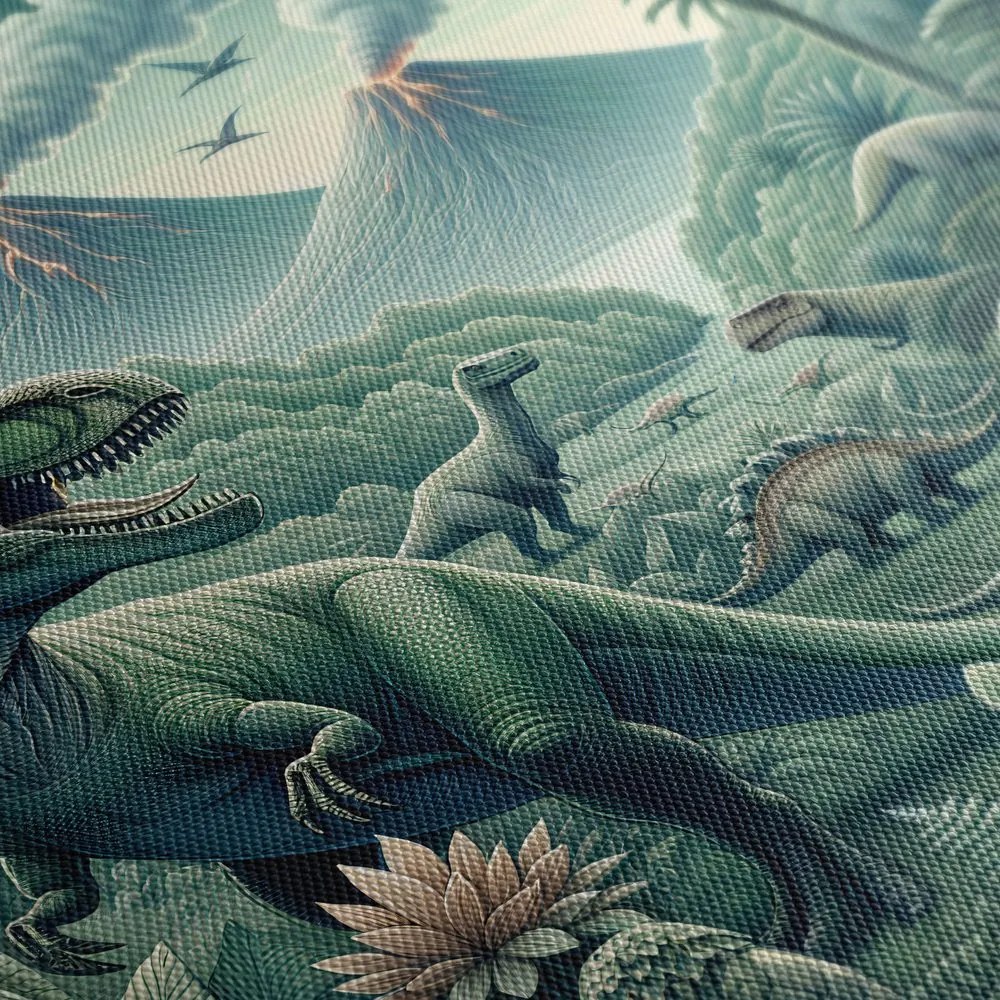 Obraz dinosaury v pralesnej krajine so sopkami