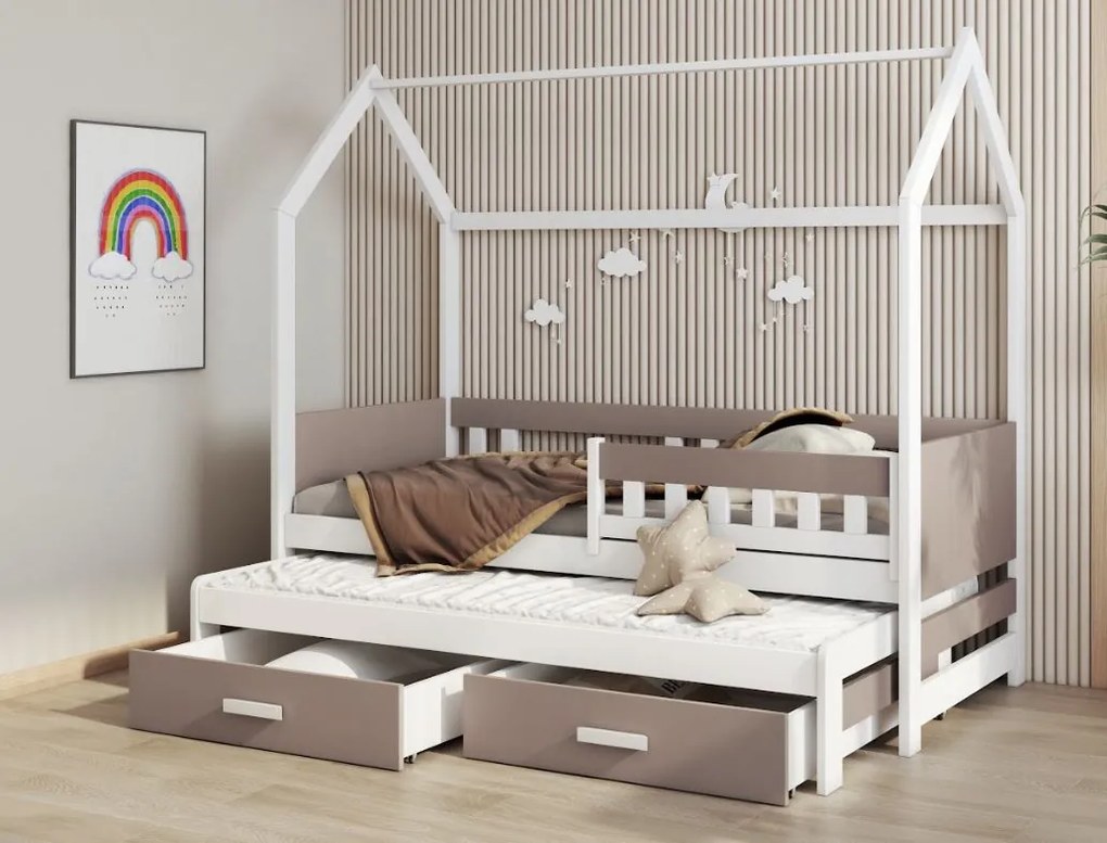 Detská domčeková posteľ z masívu borovice JASPER so šuplíkmi a prístelkou - 200x90 cm - biela/trufel