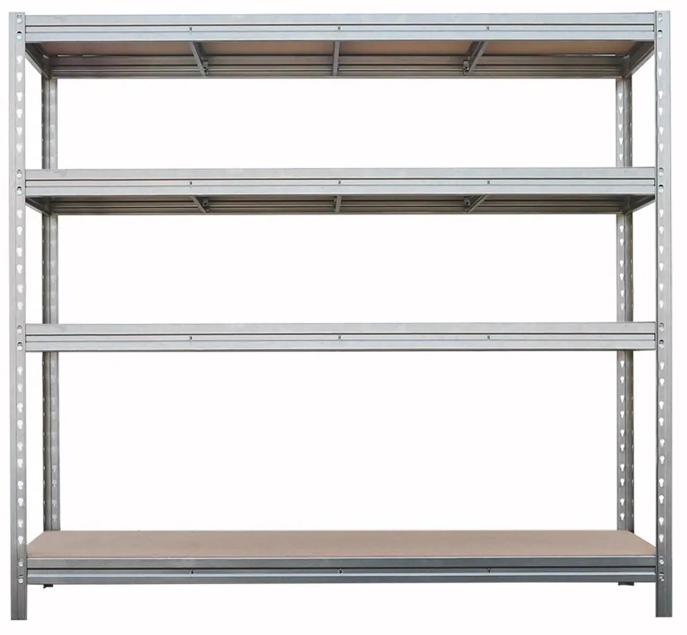 BULLRACK RIVET bezskrutkový kovový regál s drevenou DTD policou, 200x200x60 cm, 4 police, 600 kg na policu, zinok