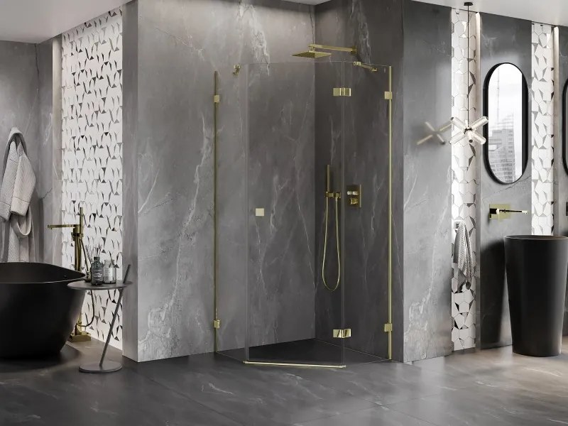 Mexen Lunar, päťuholníkový sprchový kút naklápací vpravo 80 x 80 cm, 8mm číre sklo, zlatý profil, 831-080P-080L-50-00-P