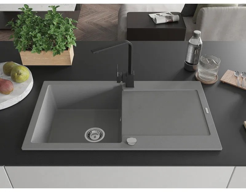 Mexen Leo, drez granitový 900x500x190 mm, 1-komorový, šedý s chrómovým sifónom a čierna drezová batéria Rita, 6501-71-670300-70