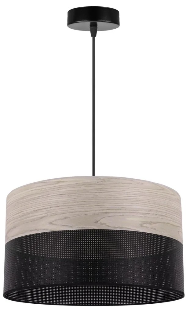 Závesné svietidlo Wood, 1x svetlobéžová dubová dýha/čierne PVC tienidlo, (fi 35cm)