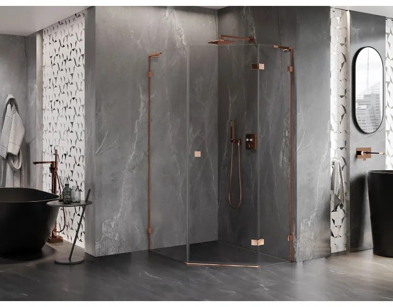 Mexen Lunar, L päťuholníkový sprchový kút s pravým sklonom 90 x 100 cm, 8mm číre sklo, profil ružové zlato, 831L-090P-100L-60-00-P